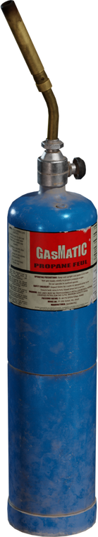 Free 4K model of a worn blue propane torch: scuffed canister, brass bent nozzle, metal valve, and readable label details with grime and dents.