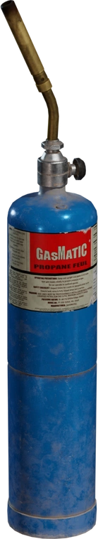 Free 4K model of a worn blue propane torch: scuffed canister, brass bent nozzle, metal valve, and readable label details with grime and dents.