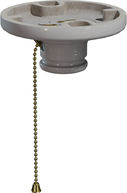 Free 8K model of a vintage porcelain pull-chain light socket with worn glossy finish, visible mounting cavities, brass beaded chain and small bell pull.