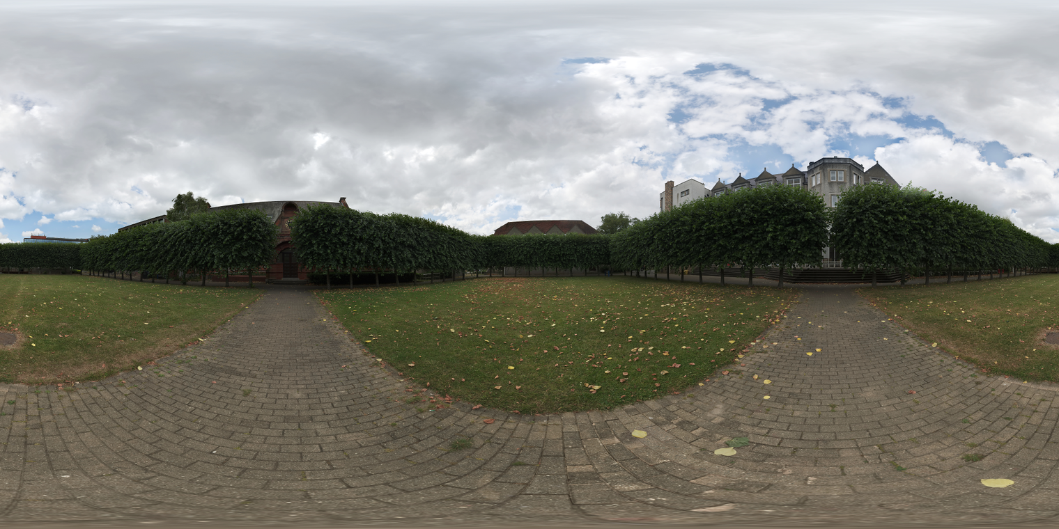 Free 20K HDRI (unclipped) - soft midday courtyard light: overcast with cloud breaks. Low-contrast, natural outdoor lighting for architecture, lawns, plants.