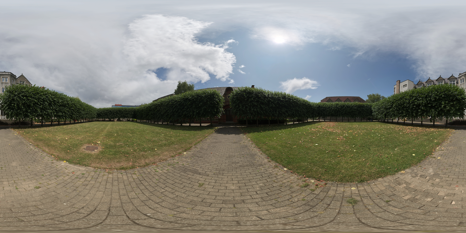 Free 20K unclipped HDRI: sunny midday courtyard with hedges, lawn and paved path; direct sun with partly-cloudy diffusion - ideal for outdoor and archviz renders.
