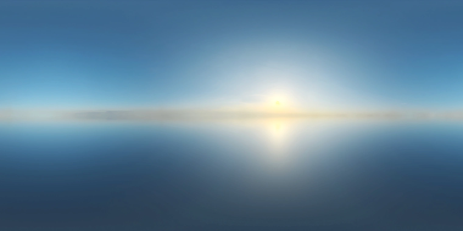 Free 16K unclipped HDRI capturing a pure, clear sunrise sky with warm sun glow and high-contrast natural light over a calm horizon.