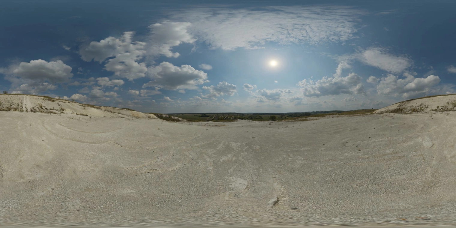 Free 16K, unclipped HDRI with bright sun over a sandy quarry; high-contrast morning/afternoon natural light, partly cloudy sky and warm neutral sand tones.