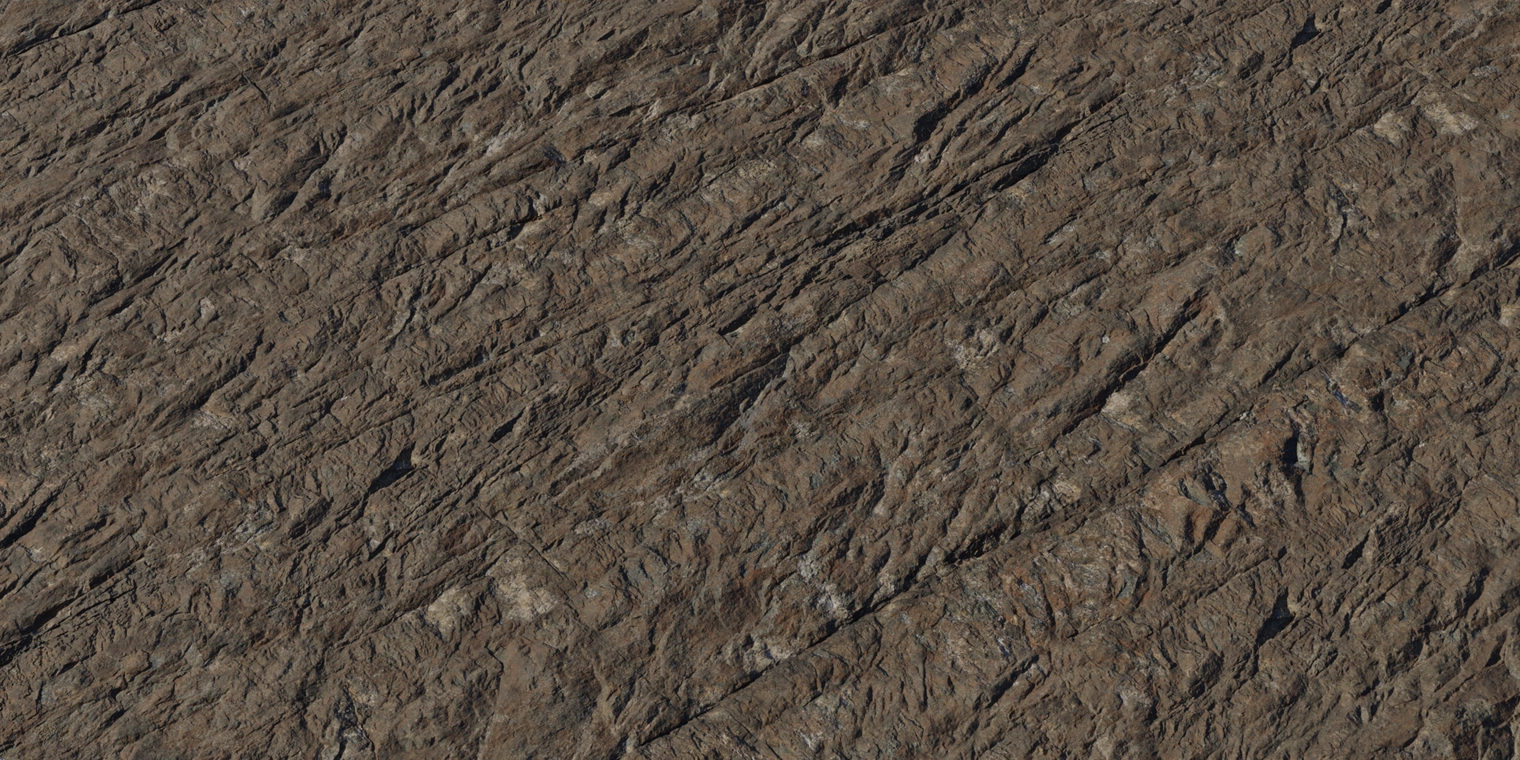 Free 8K material: rough, layered quarry stone with pronounced horizontal striations, coarse weathered rock surface and muted brown-gray tones.