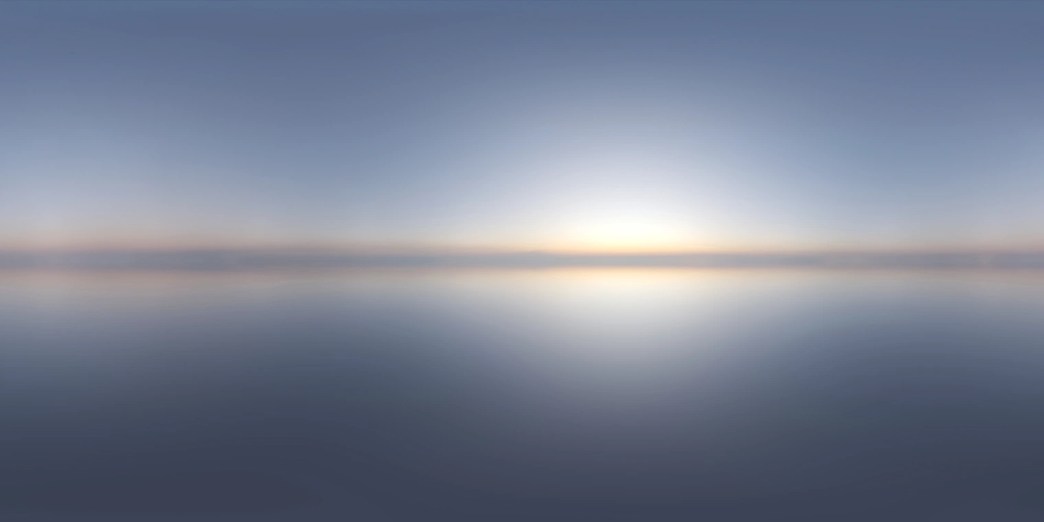 Free 24K unclipped HDRI - pure-sky dawn with a clear, low-contrast atmosphere: soft warm horizon and cool blue overhead for gentle outdoor natural lighting.