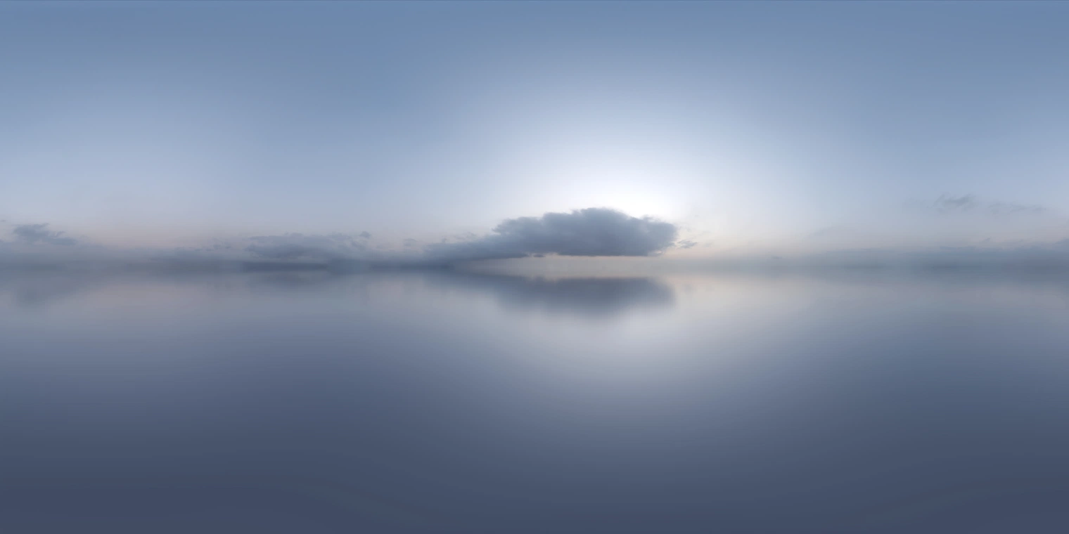 Free, 24K unclipped HDRI: soft dusk light with low-contrast cool blues, a gentle sunset glow and sparse clouds for calm outdoor/nature renders.