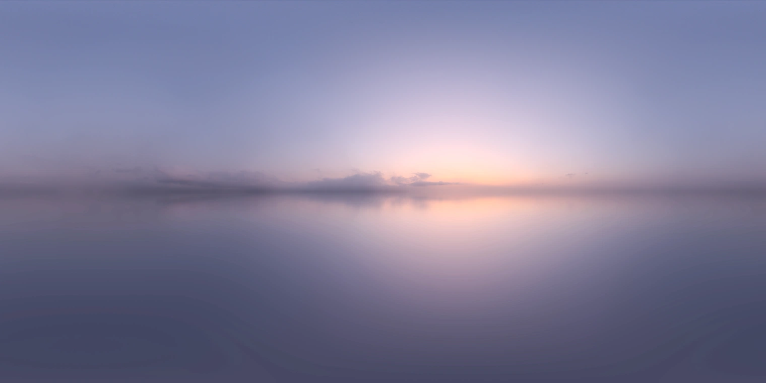 Free 24K unclipped HDRI - soft, low-contrast dusk with pure sky and warm sunset glow, thin clouds and calm horizon reflection for gentle outdoor lighting.