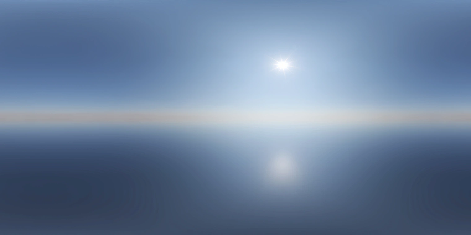 Free 24K unclipped HDRI: clear mid-morning pure sky with crisp high-contrast sunlight over a calm horizon, perfect for sharp shadows and cool blue tones.