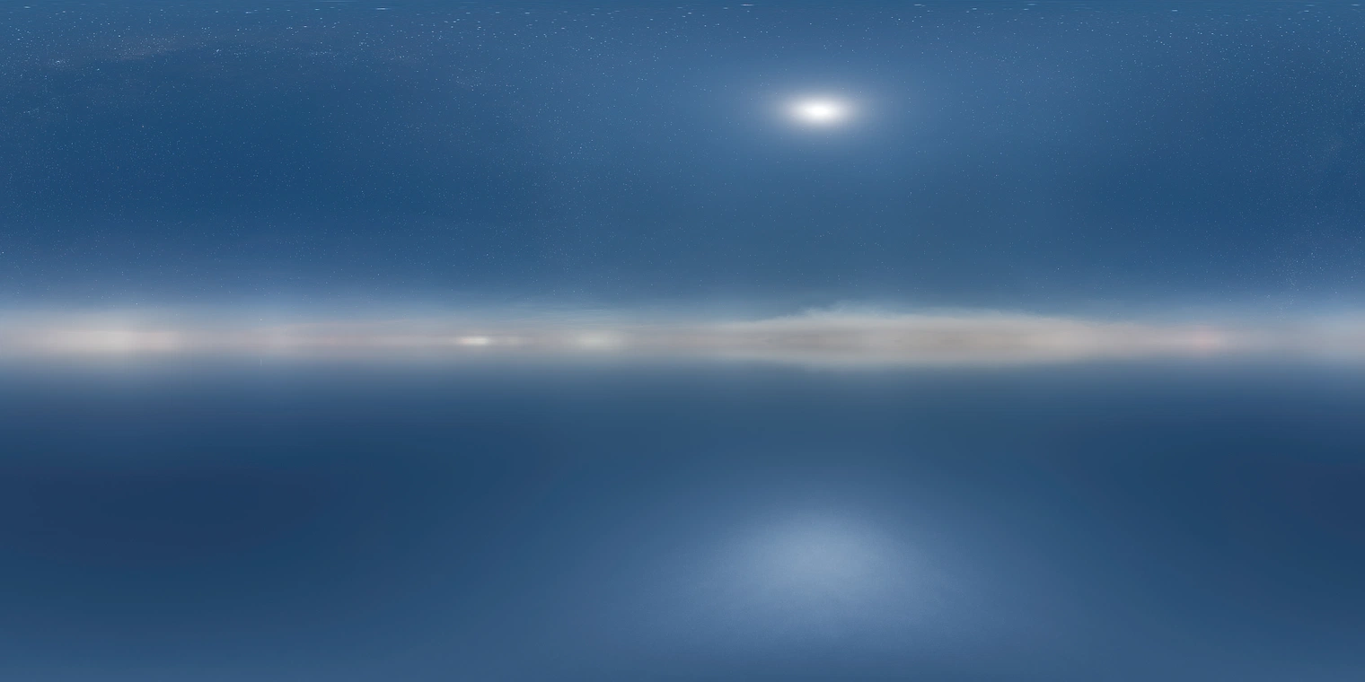 Free 24K unclipped HDRI with a pure, clear moonlit sky - high-contrast stars and soft horizon glow, ideal for night outdoor lighting, accurate reflections, and VFX.