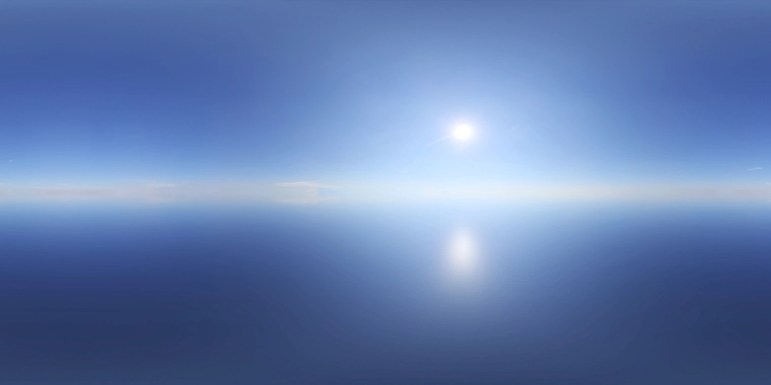 Free 16K unclipped HDRI. Clear pure sky with bright sun, strong natural high-contrast light, deep blue gradient and soft horizon.