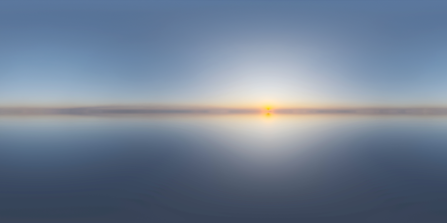 Free 24K unclipped HDRI: pure, low-contrast sunrise sky - soft warm rim light and cool ambient fill, perfect for outdoor renders, product shots and archviz.