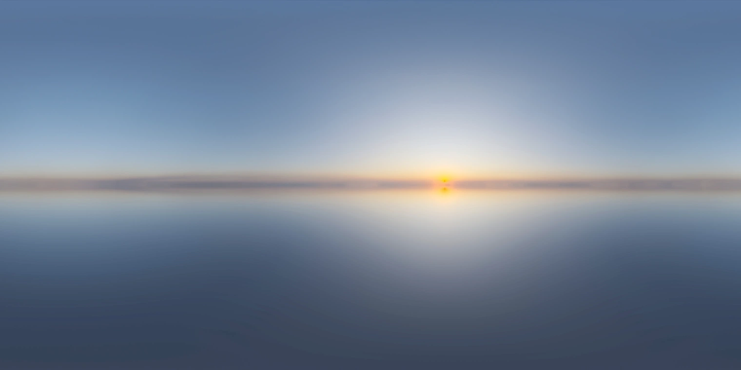 Free 24K unclipped HDRI: pure, low-contrast sunrise sky - soft warm rim light and cool ambient fill, perfect for outdoor renders, product shots and archviz.