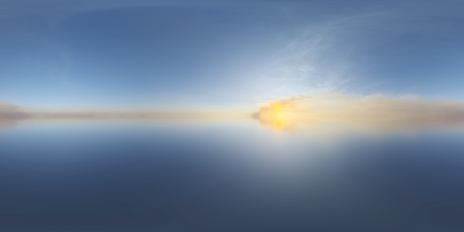 Free, unclipped 24K HDRI of a calm, partly cloudy sunset with warm sun glow and medium contrast - great for exterior lighting and reflections.