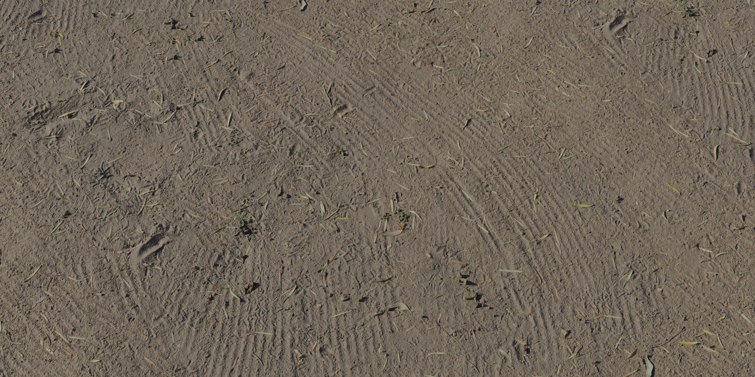 Free 8K texture of raked brown dirt - compact sandy soil with fine rake grooves, scattered leaf debris and twigs, rough matte surface with subtle relief.