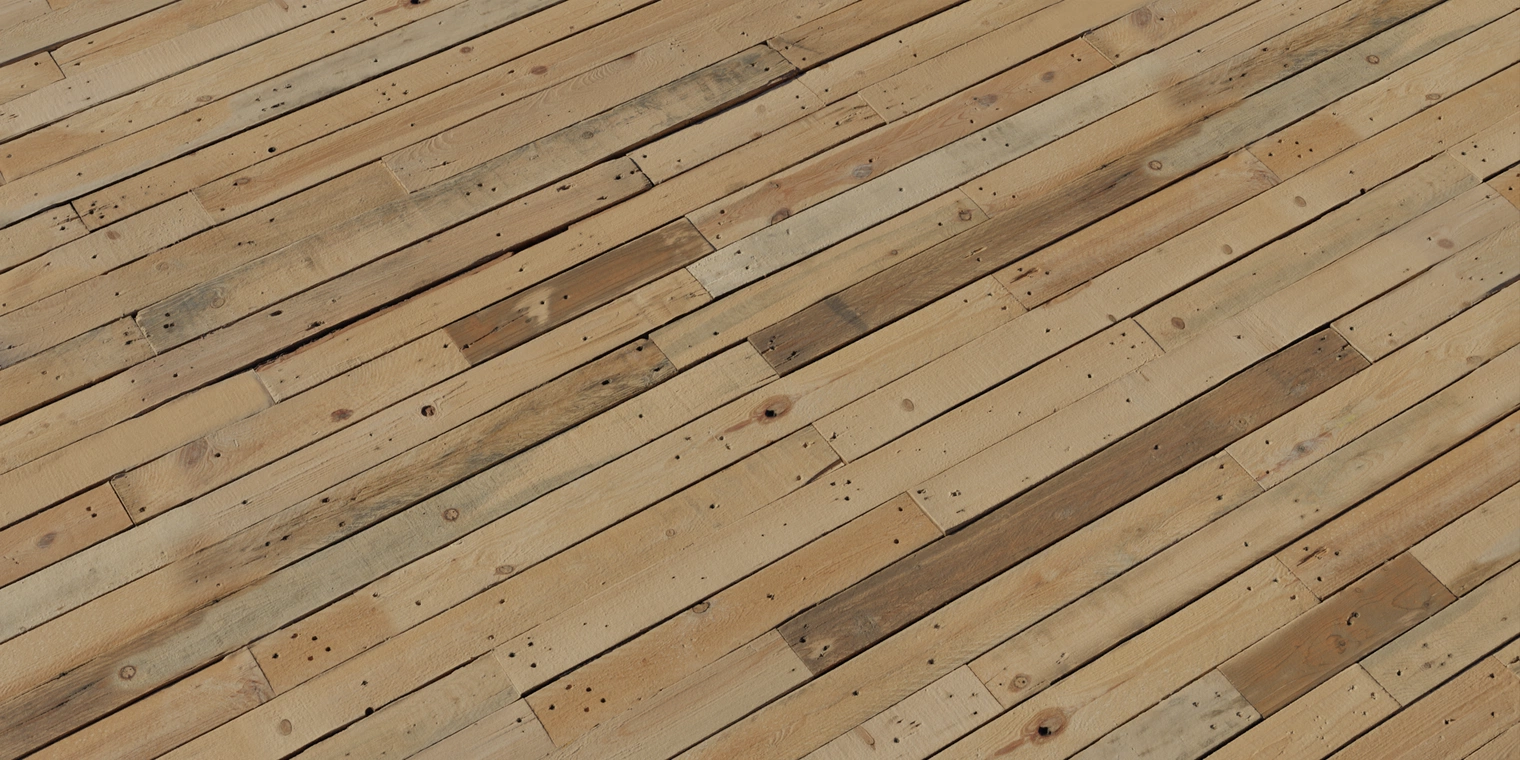 Free 8K texture of roughhewn knotty-pine planks: weathered, chipped and scratched wood with visible grain, nail holes, and varied discolored tones.
