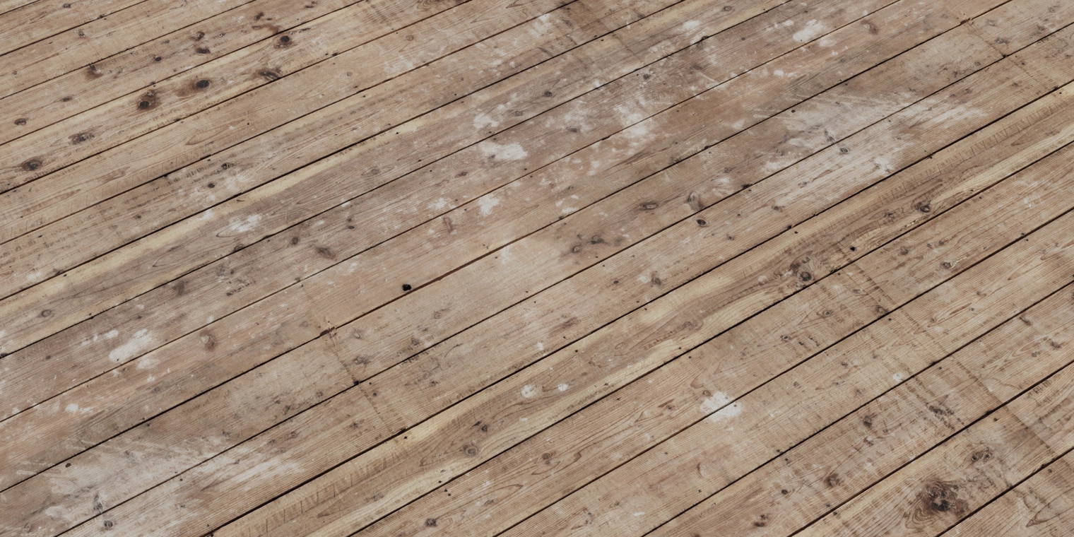Free 16K raw wooden floor texture with weathered planks, visible grain, dark knots, nail holes, scratches, and scattered pale stains.