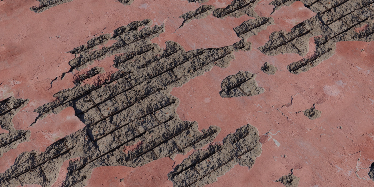 Free 8K texture of weathered painted concrete with crumbling, rough cement, exposed rebar, cracked plaster and flaking paint.