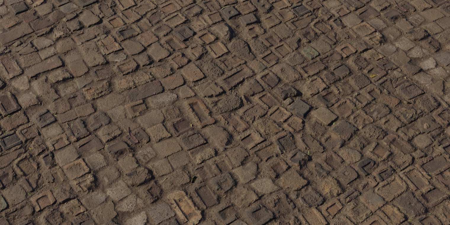 Free 8K texture: weathered recycled brick floor with chipped, crumbling bricks, eroded mortar, dirt-filled crevices and rough, uneven earthy brown surfaces.