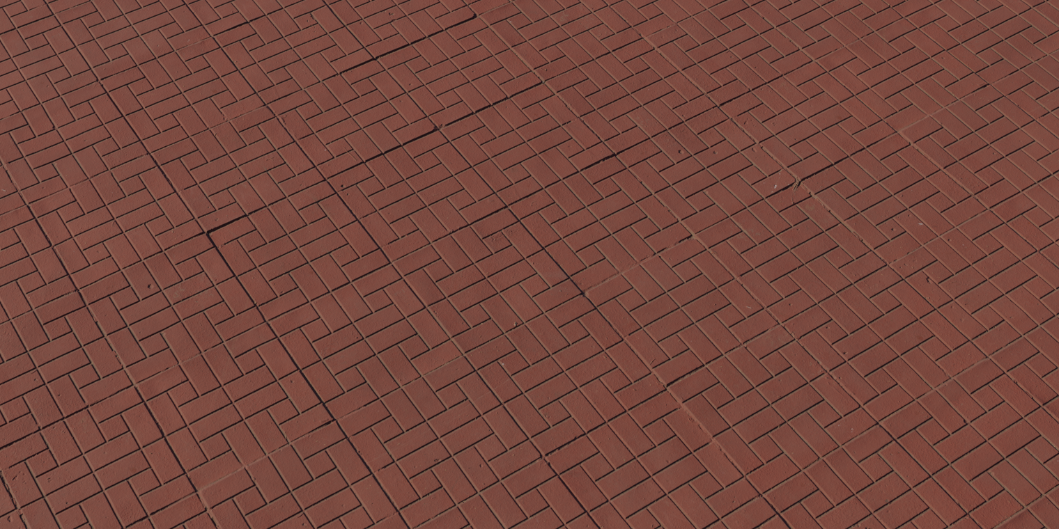 Free 16k texture of red interlocking brick pavers with uneven, rough surface, tight mortar joints, subtle chips and low-matte finish.