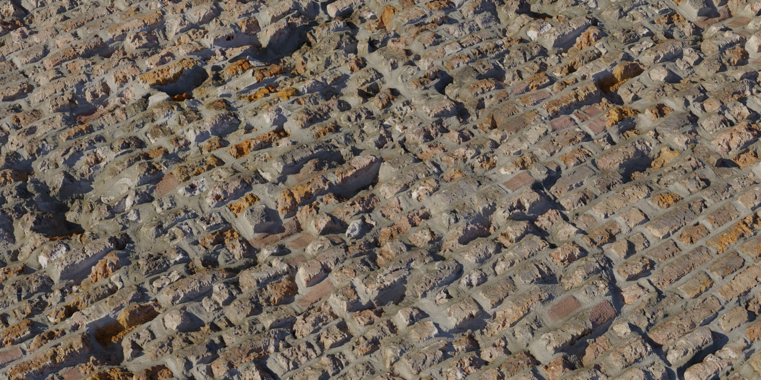 Free 8K texture of rough, crumbling red brick wall with exposed bricks, weathered mortar and flaking plaster, heavily worn and dirty exterior surface.