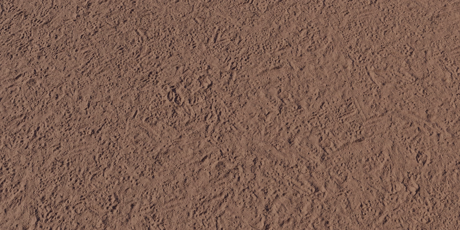Free 8K texture of dusty red sand with compacted, trampled surface showing shallow footprints and tyre tracks; gritty, matte finish with fine granular detail.
