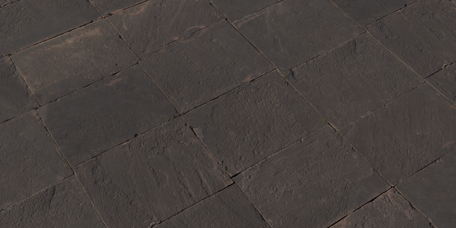 Free 8K texture of red sandstone tiles: dark reddish slabs with layered grain, rough stone relief, worn edges, subtle chips, dirt-stained seams, slight sheen.