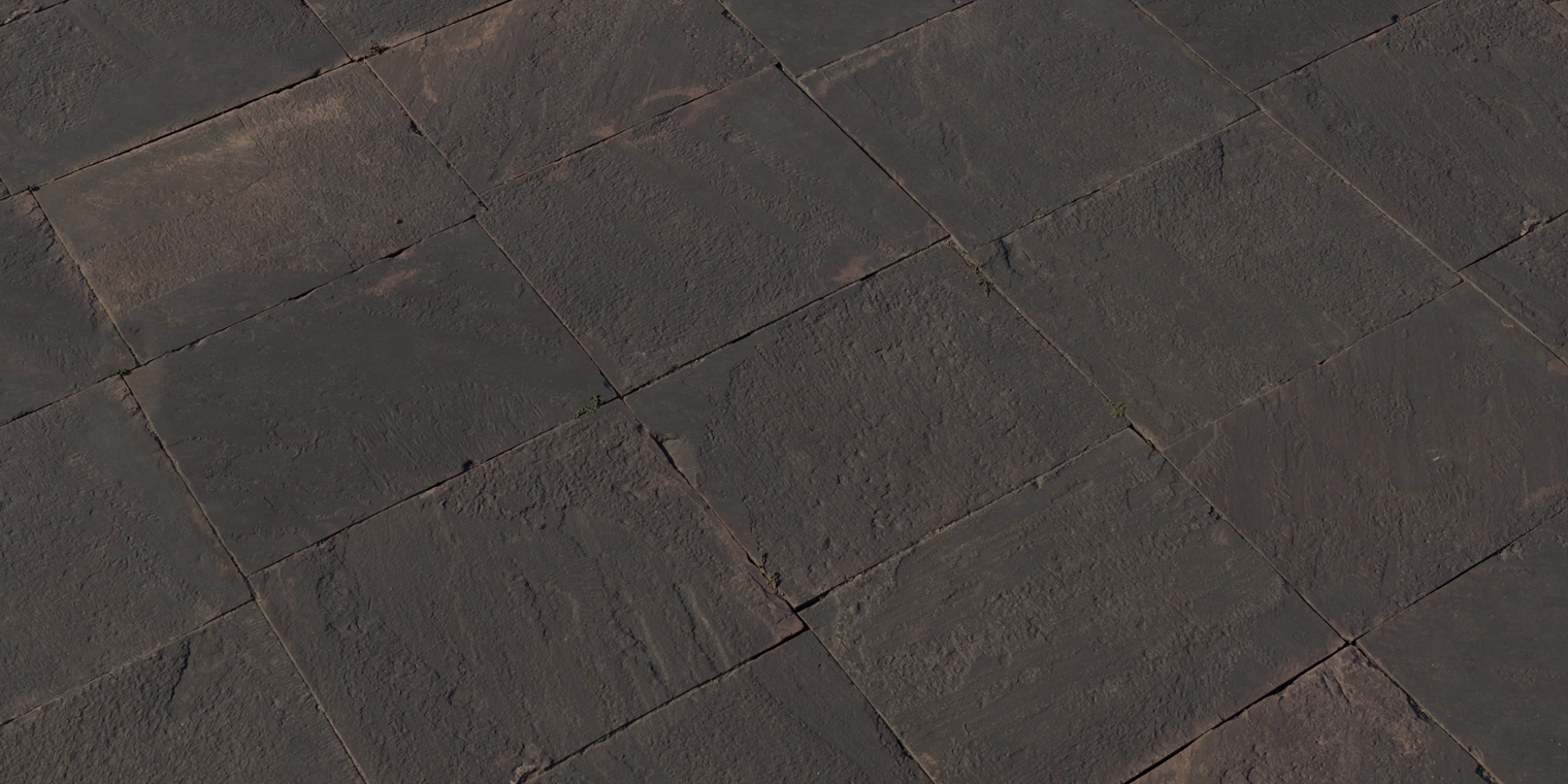 Free 8K texture of red sandstone tiles: dark reddish slabs with layered grain, rough stone relief, worn edges, subtle chips, dirt-stained seams, slight sheen.
