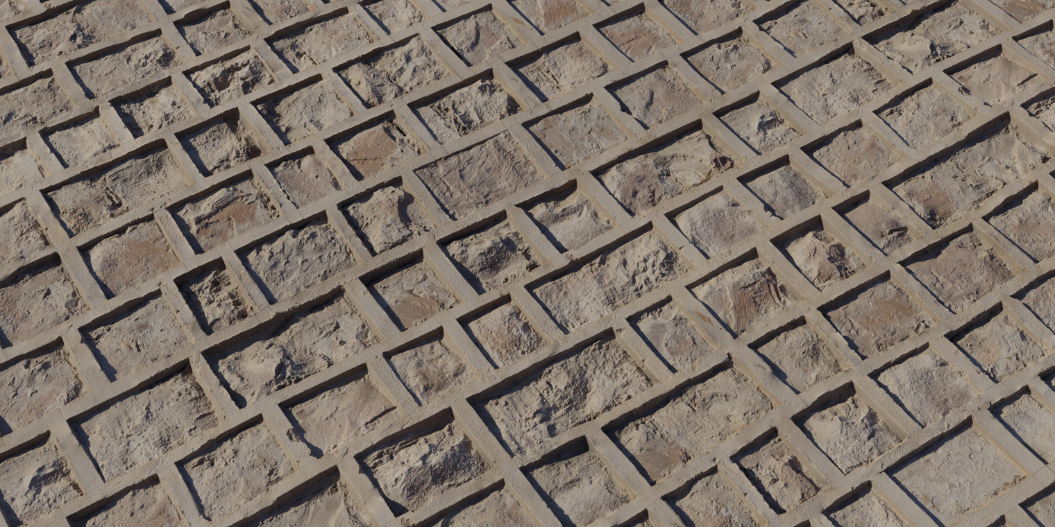 Free 8K texture of a weathered red sandstone wall: rough, uneven block faces with protruding mortar, chipped, cracked, discolored and dusty.