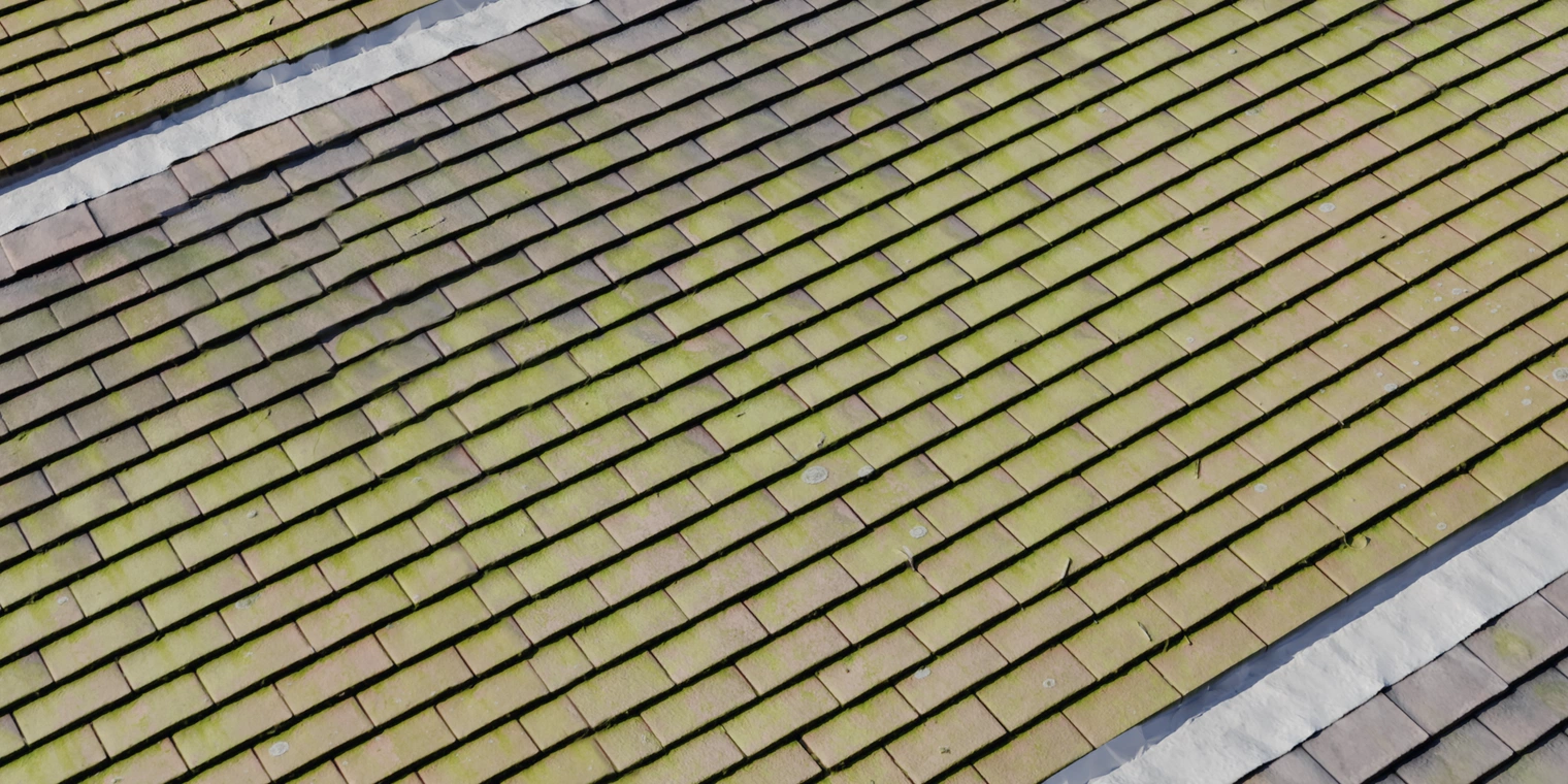 Free 8K texture of weathered red slate roof tiles - overlapping, moss-covered with green patches, rough chipped edges, dirt streaks and aged color variation.
