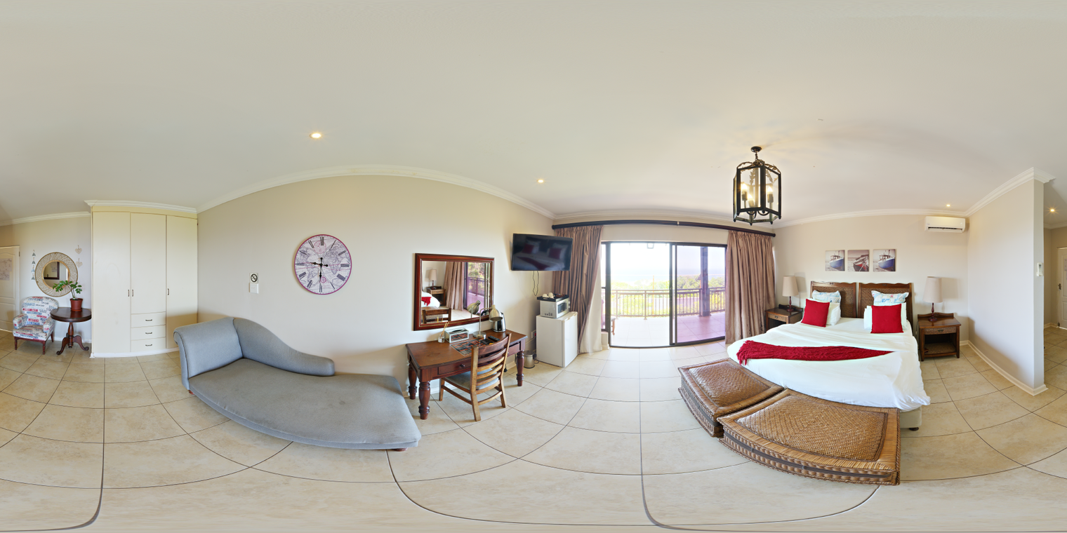 Free 24k unclipped HDRI of a seaview hotel suite: bright midday natural light through sliding glass doors and warm indoor lamps; soft, medium-contrast.