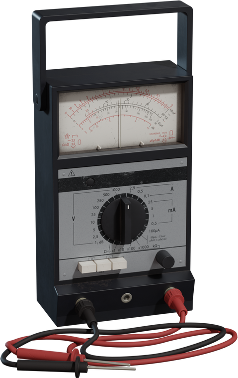 Free 4K model of a vintage analog multimeter with carry handle, glass needle gauge, detailed rotary dial, worn decals, and coiled red/black probes.