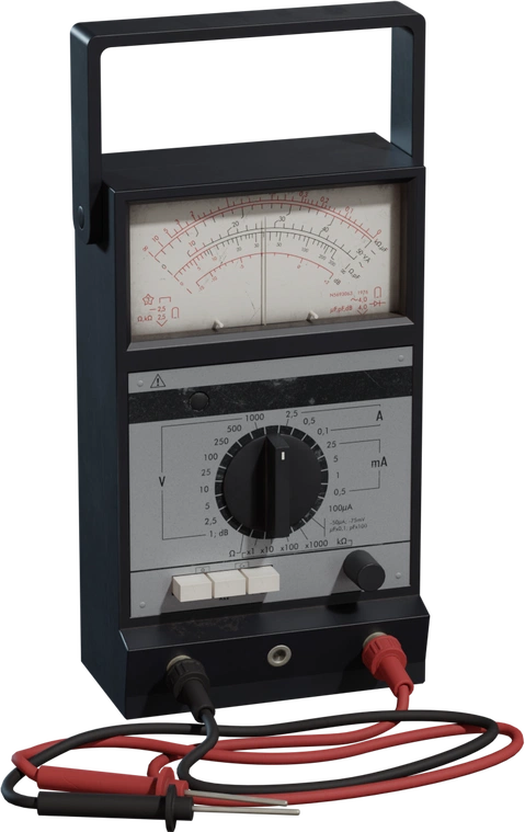 Free 4K model of a vintage analog multimeter with carry handle, glass needle gauge, detailed rotary dial, worn decals, and coiled red/black probes.
