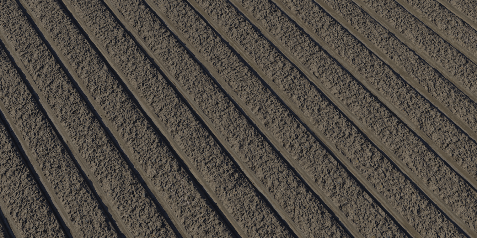 Free 8K texture of ribbed concrete: rough, gritty surface with deep vertical grooves, sharp ribs and uneven weathered finish in muted gray-brown tones.