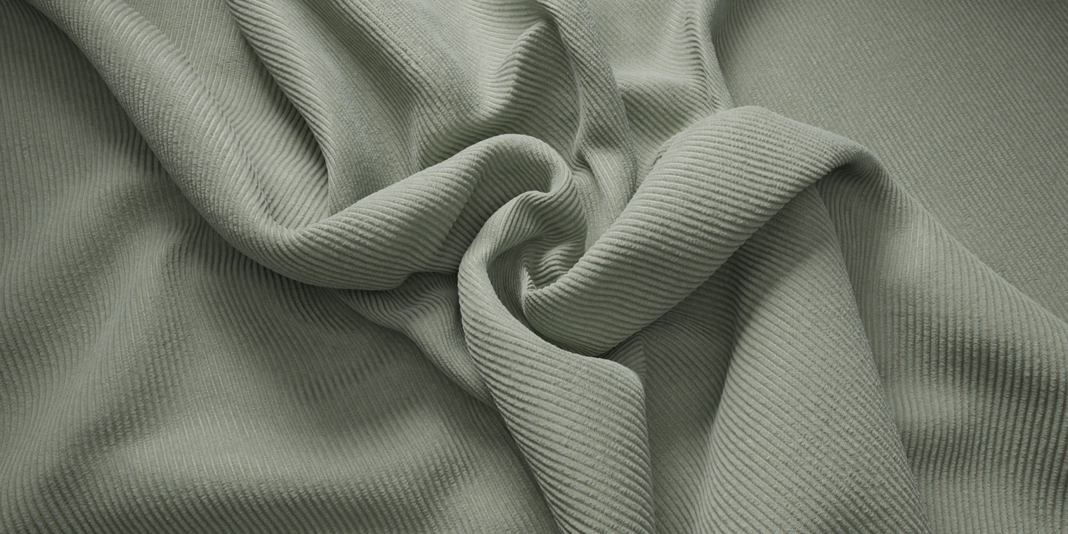 Free 8K texture of green ribbed corduroy with fine wales, soft velveteen nap and woven stripe detail, ideal for upholstery, clothing and prop materials.