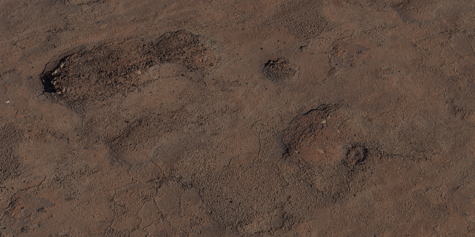 Free 8K road texture featuring a heavily worn surface with cracks, pothole scars and gritty granules, dark brown tones, and natural rough variation.