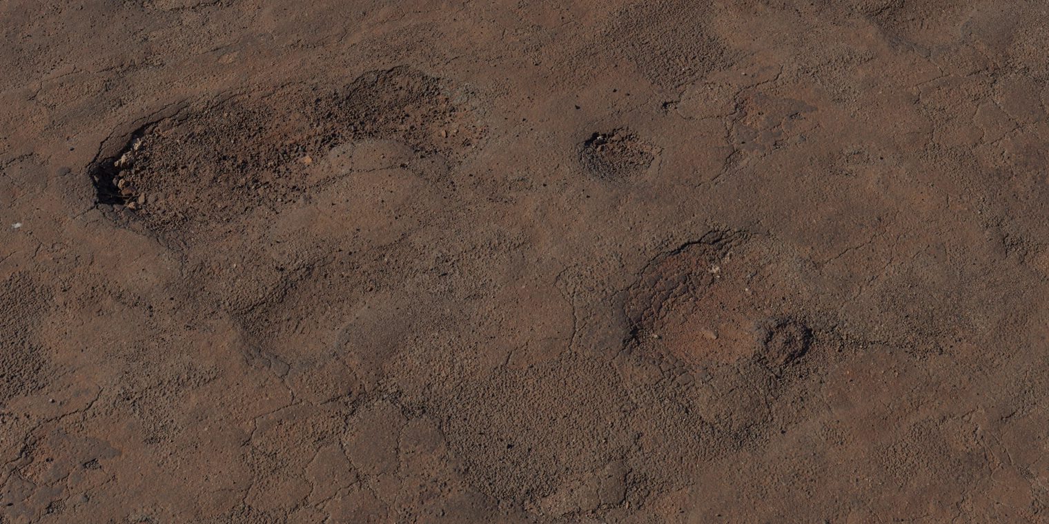 Free 8K road texture featuring a heavily worn surface with cracks, pothole scars and gritty granules, dark brown tones, and natural rough variation.