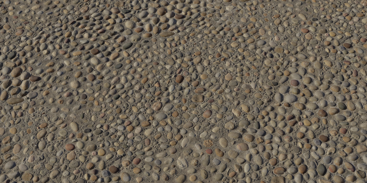 Free 8k texture of coarse exposed-aggregate concrete with rounded multi-colored pebbles, rough recessed mortar and subtle stone specular.