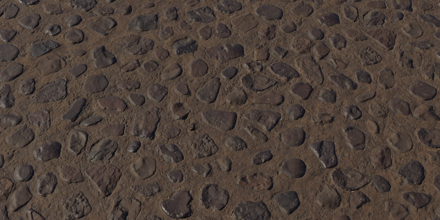 Free 8k texture of rough, uneven concrete floor with embedded stones and pebbles; weathered brown mortar, varied stone shapes and subtle sheen.