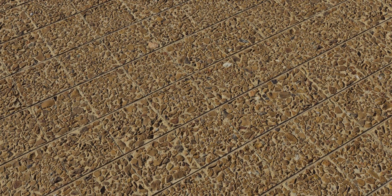Free 8K texture of tan, pebble-embedded tiles with rough aggregate surface, weathered grout lines, and a muted, low-sheen exterior stone finish.
