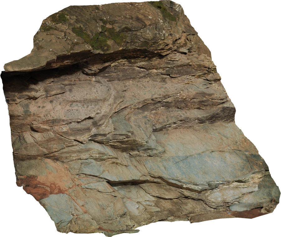 Free 8K model of a weathered rock face with layered sedimentary strata, rugged cracks, lichen patches and subtle blue-red mineral tones.