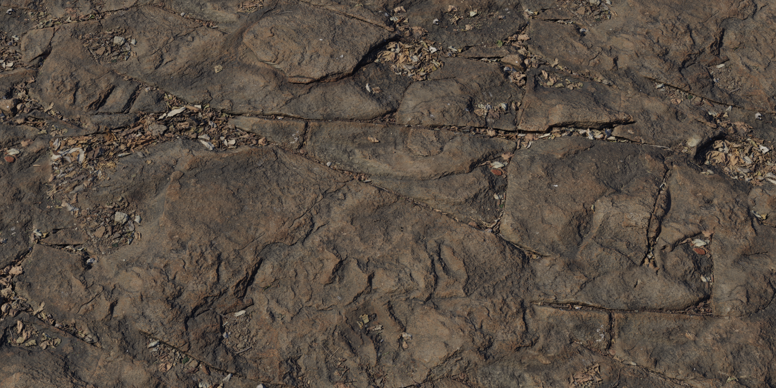 Free 8K rock face texture with dark, weathered slabs, deep fractured seams, and leaf litter in crevices. Rough, earthy tones with subtle sheen.