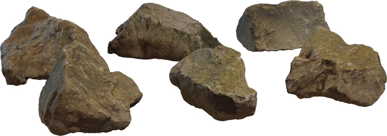 Free 8K set of mossy forest rocks: six weathered stones with varied silhouettes, earthy textures, subtle green moss, dirt and realistic erosion.
