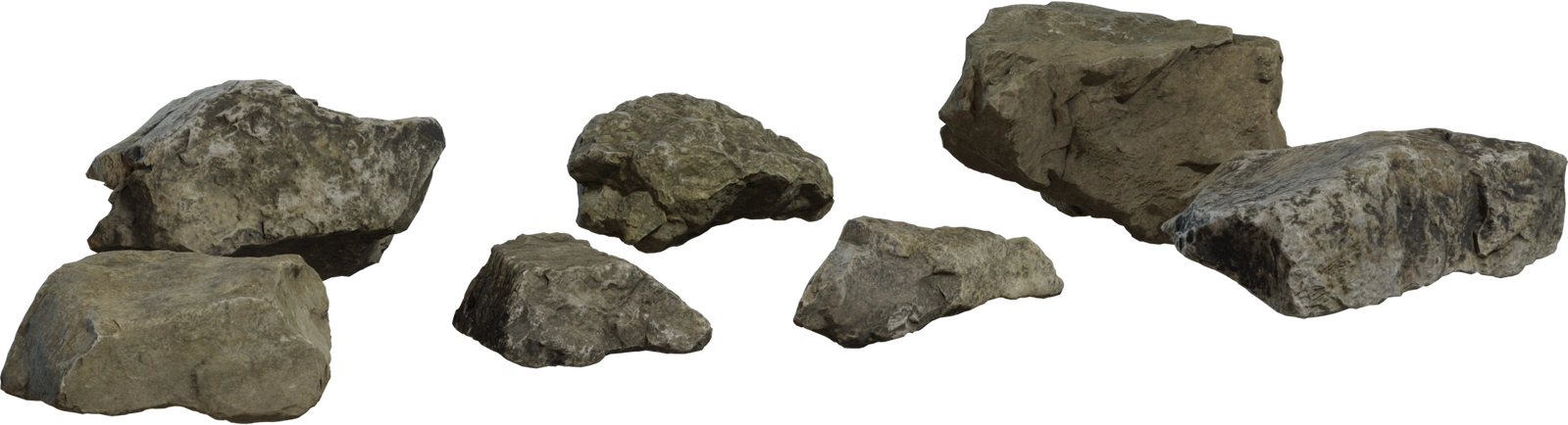Free 8K set of weathered moss-covered rocks and stones, with varied shapes, earthy tones, dirt-streaked surfaces and detailed, realistic crevices.