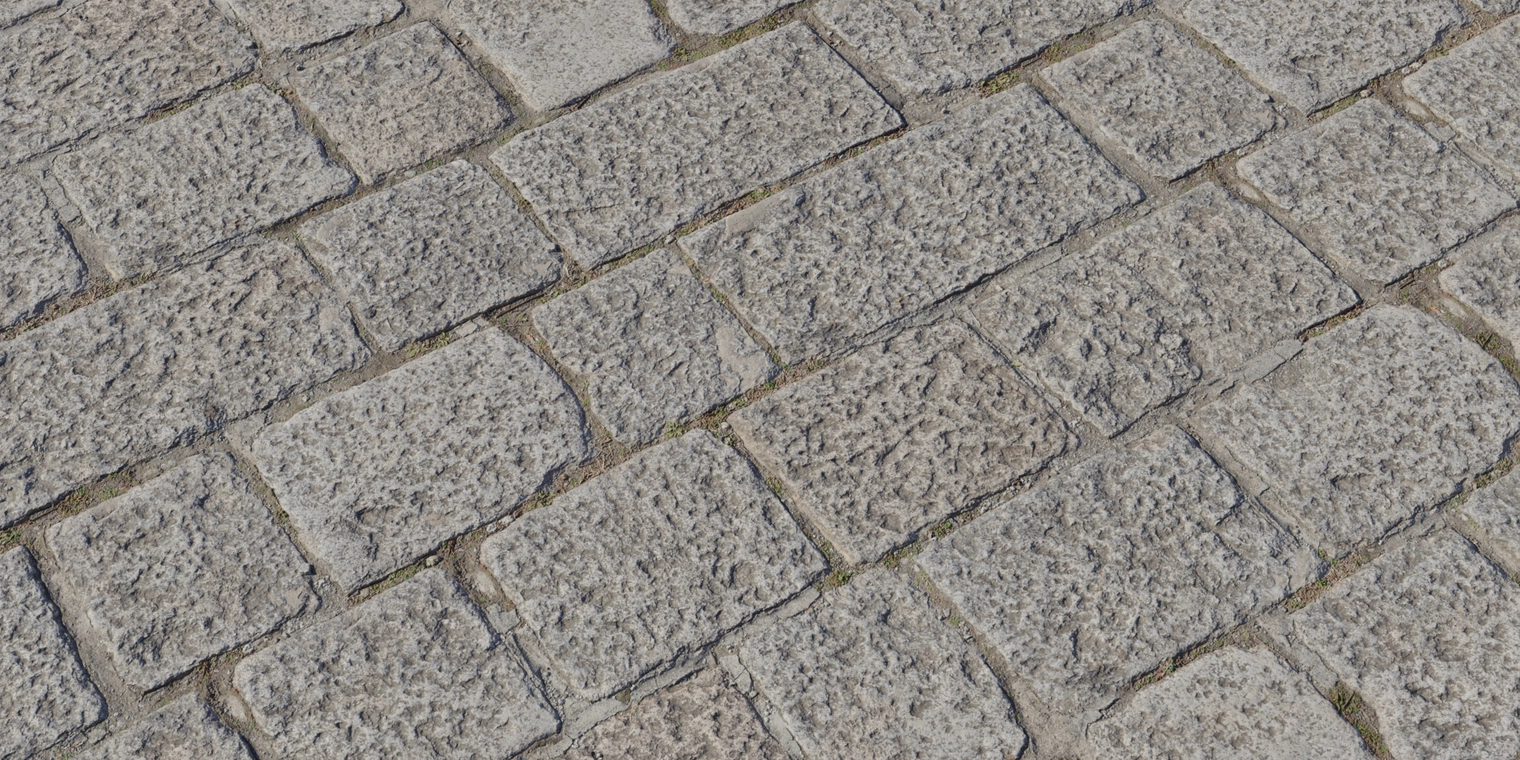 Free 8K texture of weathered gray stone tiles - coarse, rough faces with chipped edges, visible grout and moss-filled joints, rugged outdoor paving material.