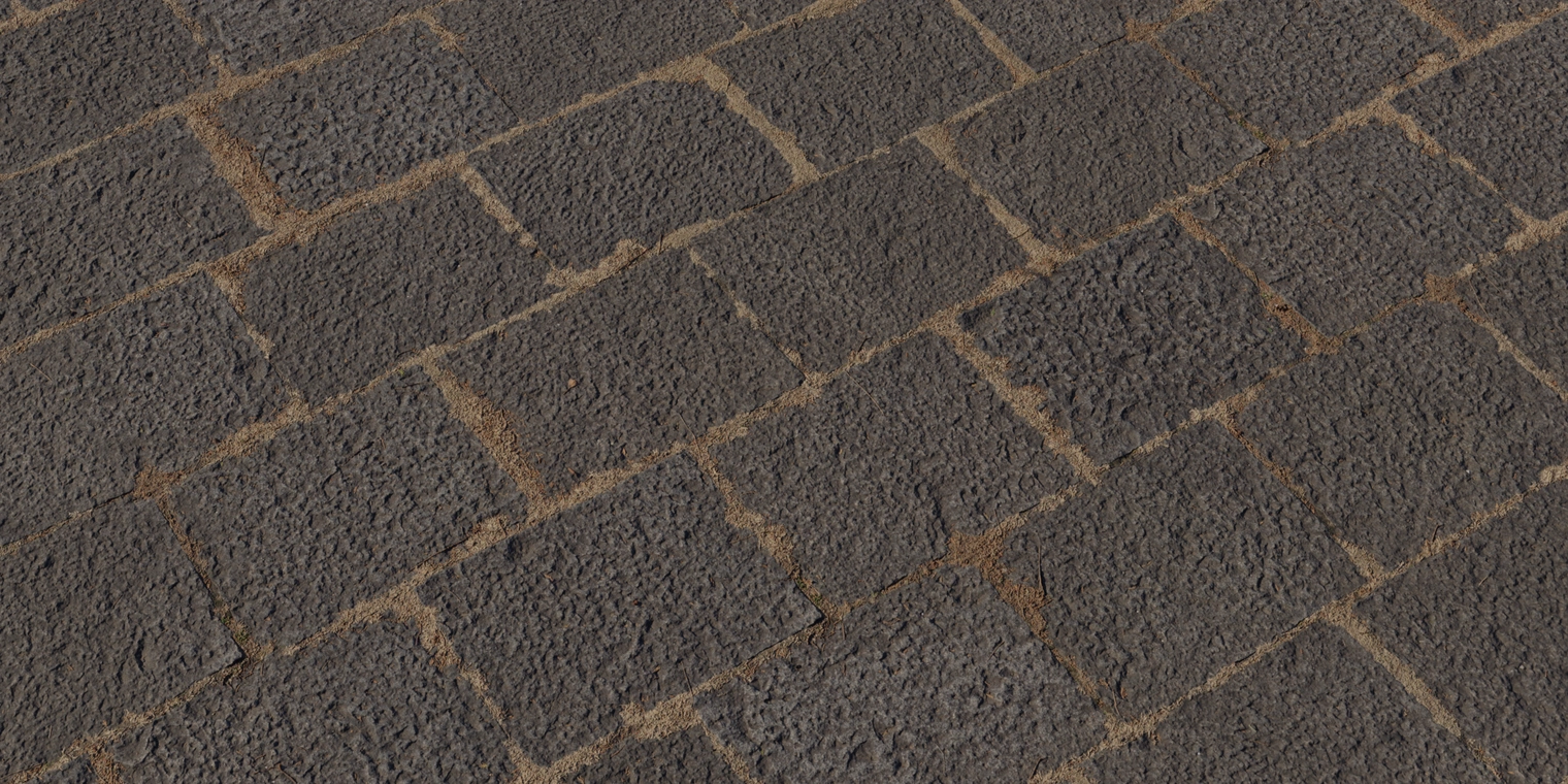 Free 8K material: weathered rock tile floor with rough, pebbled stone blocks, worn edges, dark surfaces and sandy, dead-grass filled mortar lines.