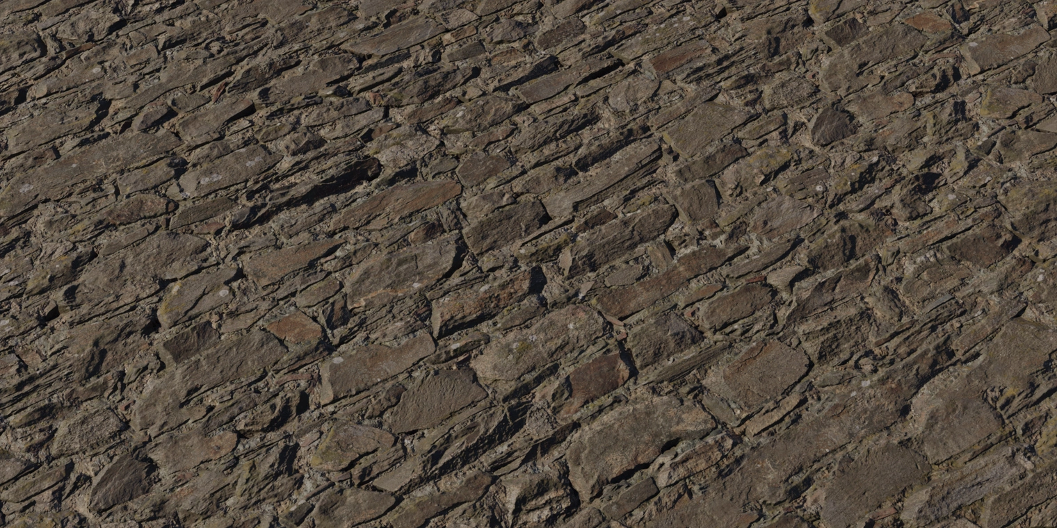 Free 8K texture of a rough, uneven, weathered stone wall with worn, discolored rocks and subtle moss in the crevices.