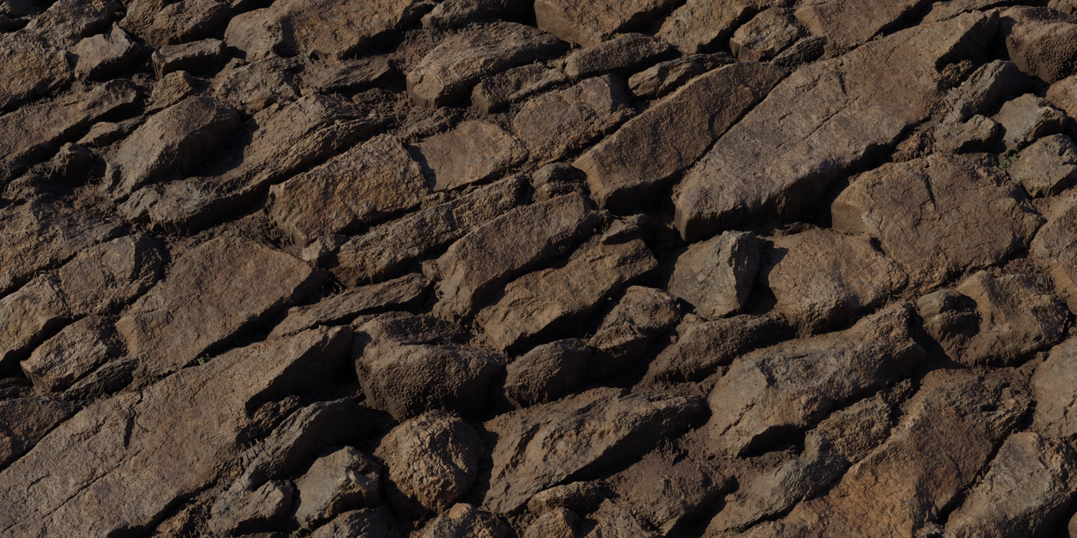 Free 8K texture of an uneven earthy stone wall, rough rock faces with deep cracks, weathered edges and dirt-filled crevices.