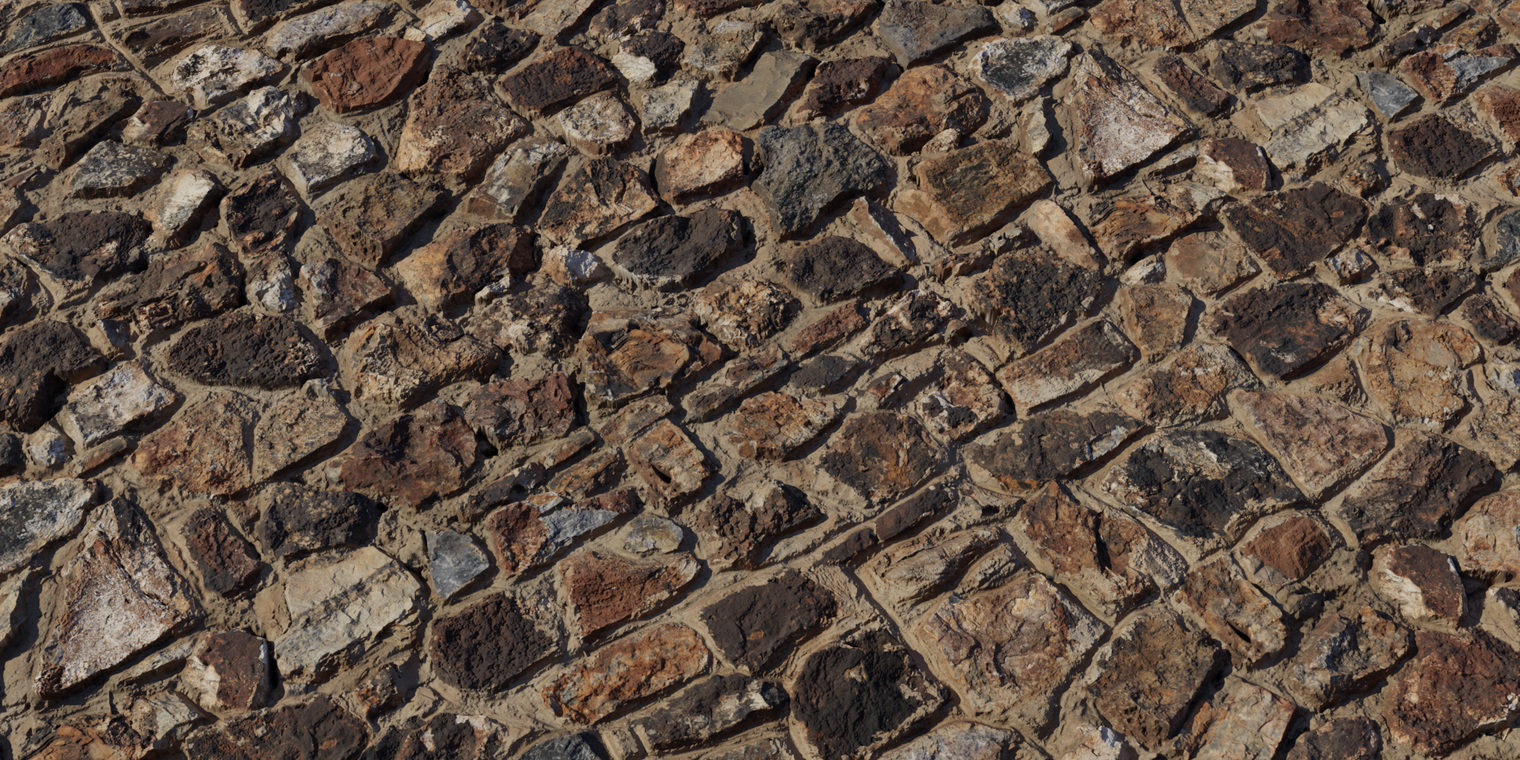 Free 8K texture: coarse, rough stone wall with embedded rocks and concrete mortar; rugged, high-detail surface for rustic walls and man-made stonework.