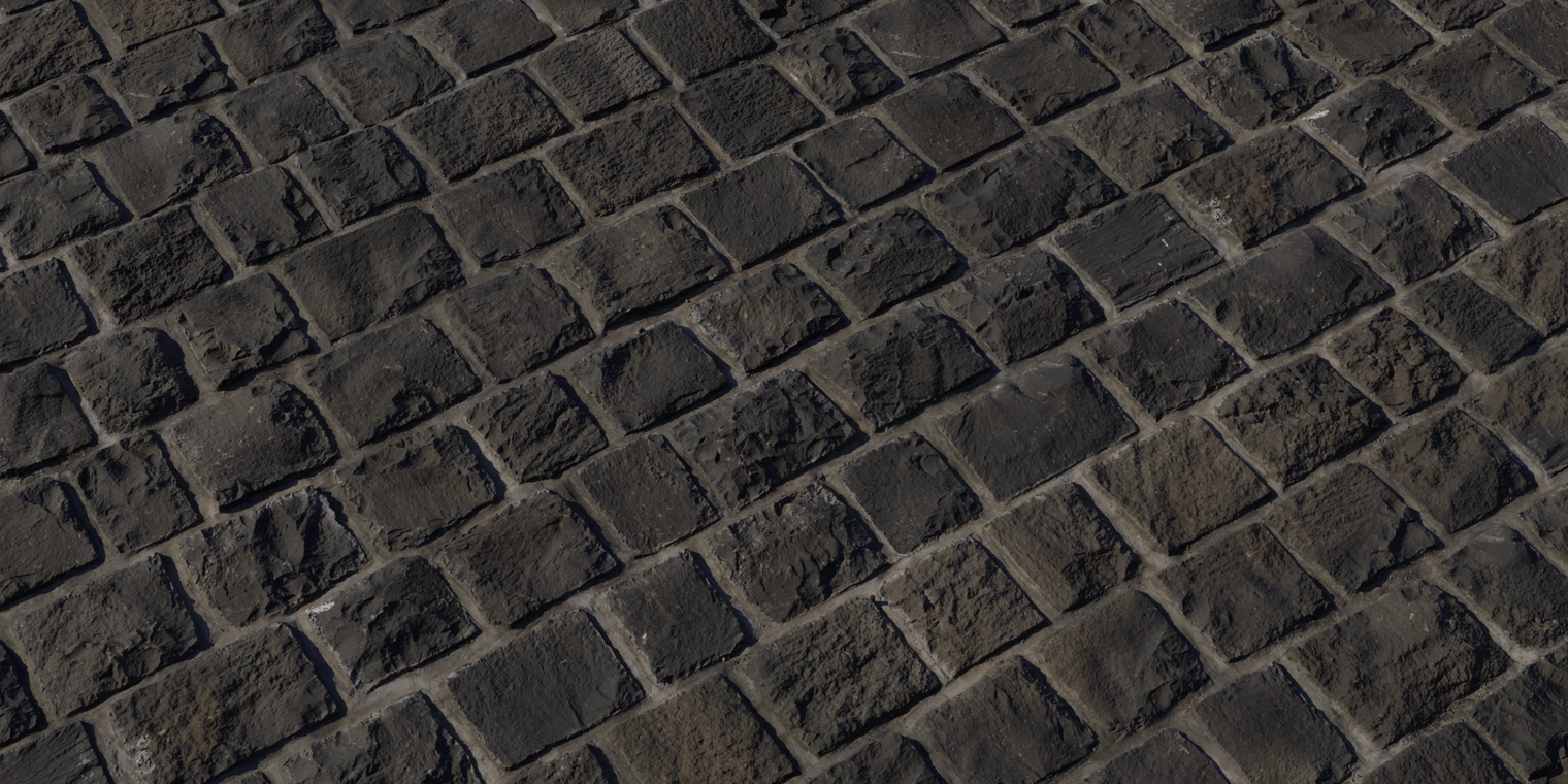 Free 8k texture of dark, weathered stone blocks with rough, chiseled faces, recessed mortar joints and subtle wet sheen for an aged outdoor rock wall.
