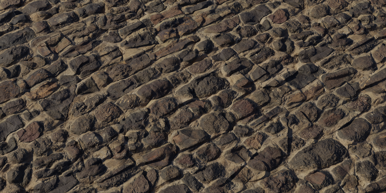 Free 8K rock wall texture featuring rounded cobbles in sandy mortar, dark brown to reddish tones, slightly wet sheen, strong relief and rough variation.